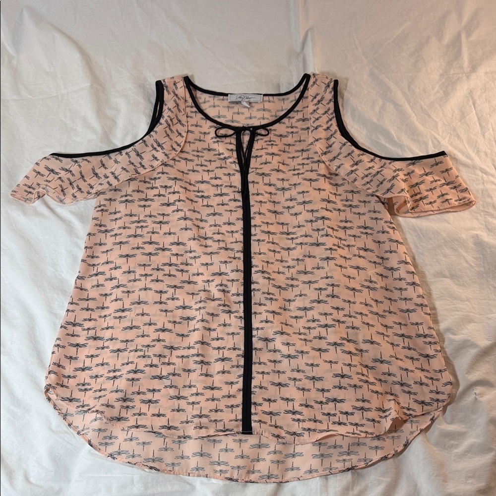 Libby Edelman Peach and Black Cold Shoulder Blouse Large